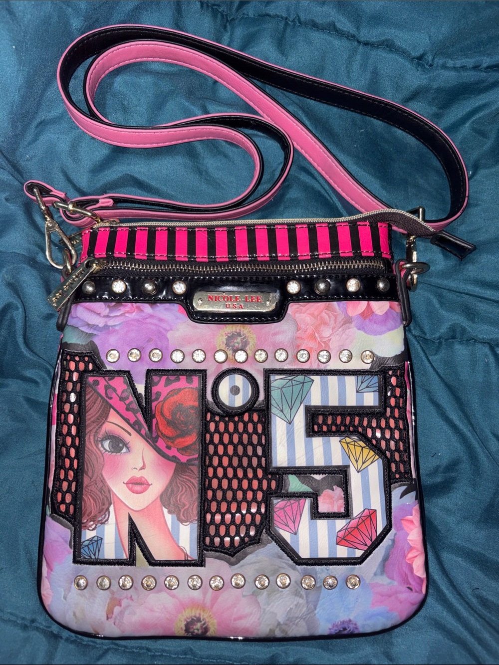 Nicole Lee Pink Floral N5 Graphic Crossbody with Stud Accents